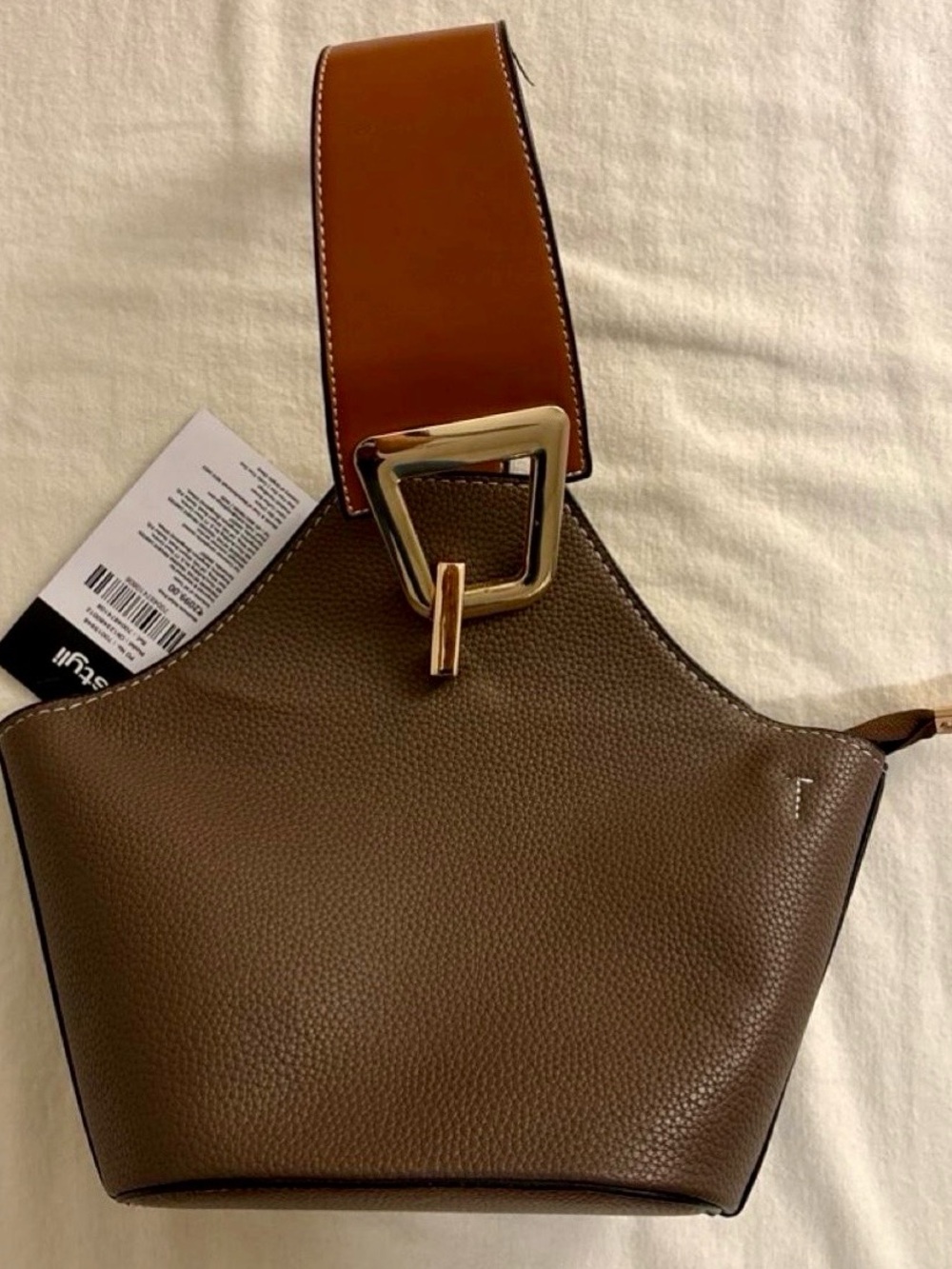 Leather Satchel Bag in Brown with Wide Tan Strap